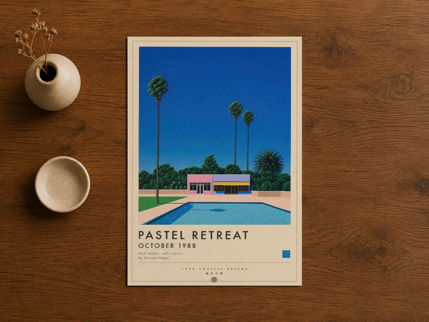 Pastel Retreat posteri, sakin renk paletine sahip tropikal villa temyeşi ve clean lines tasarımıyla yoğun estetik sunuyor.