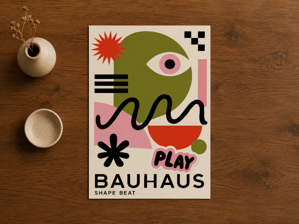 Bauhaus Shape Beat posteri, soyut figürler ve tipografi kombinesiyle contemporary sanat eseri olarak öne çıkıyor.