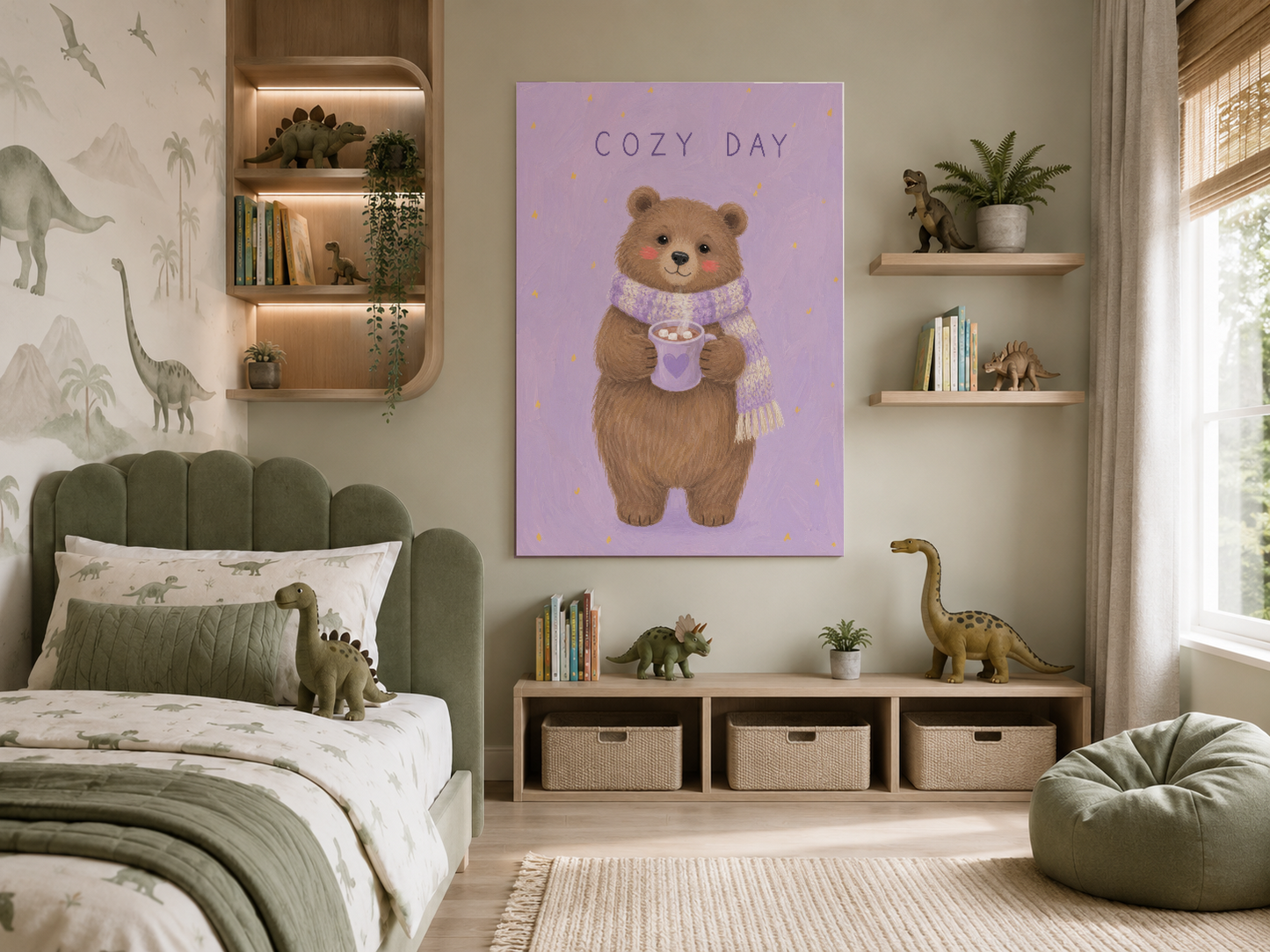Cozy Day tablosu, dino desenli yatak örtüsü bulunan yeşil başlıklı yatağın üstünde asılı.