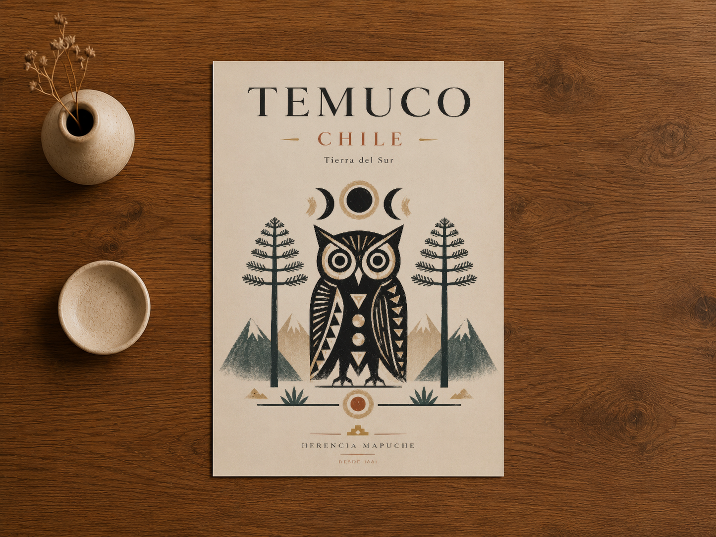 Temuco poster, folk sanat stilinde baykuş çizimi ve ay sembolüyle ahşap zemin üzerinde.