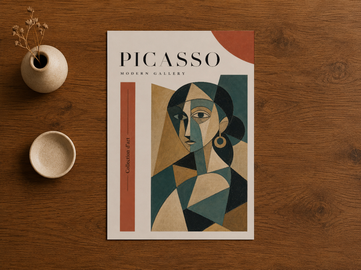 Picasso Modern Gallery posteri, ahşap zemin üzerine yerleştirilmiş geometrik yüz motifli duvar sanatı.