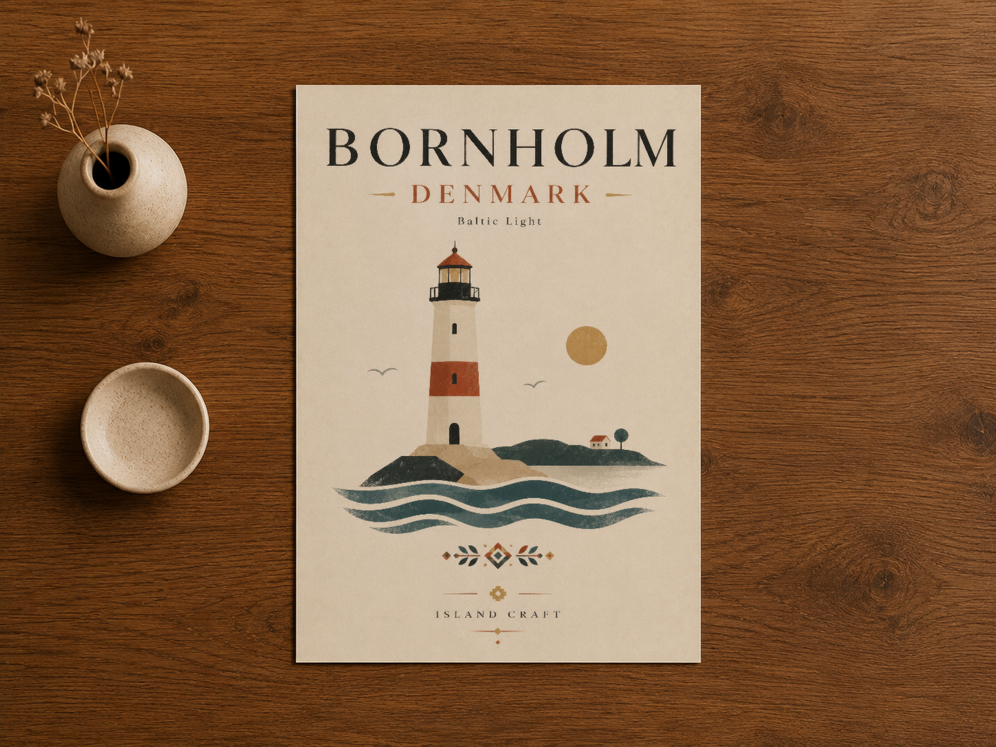 Bornholm feneri tablosu, ahşap masanın üzerinde seramik dekoratif objelerle birlikte gösteriliyor.