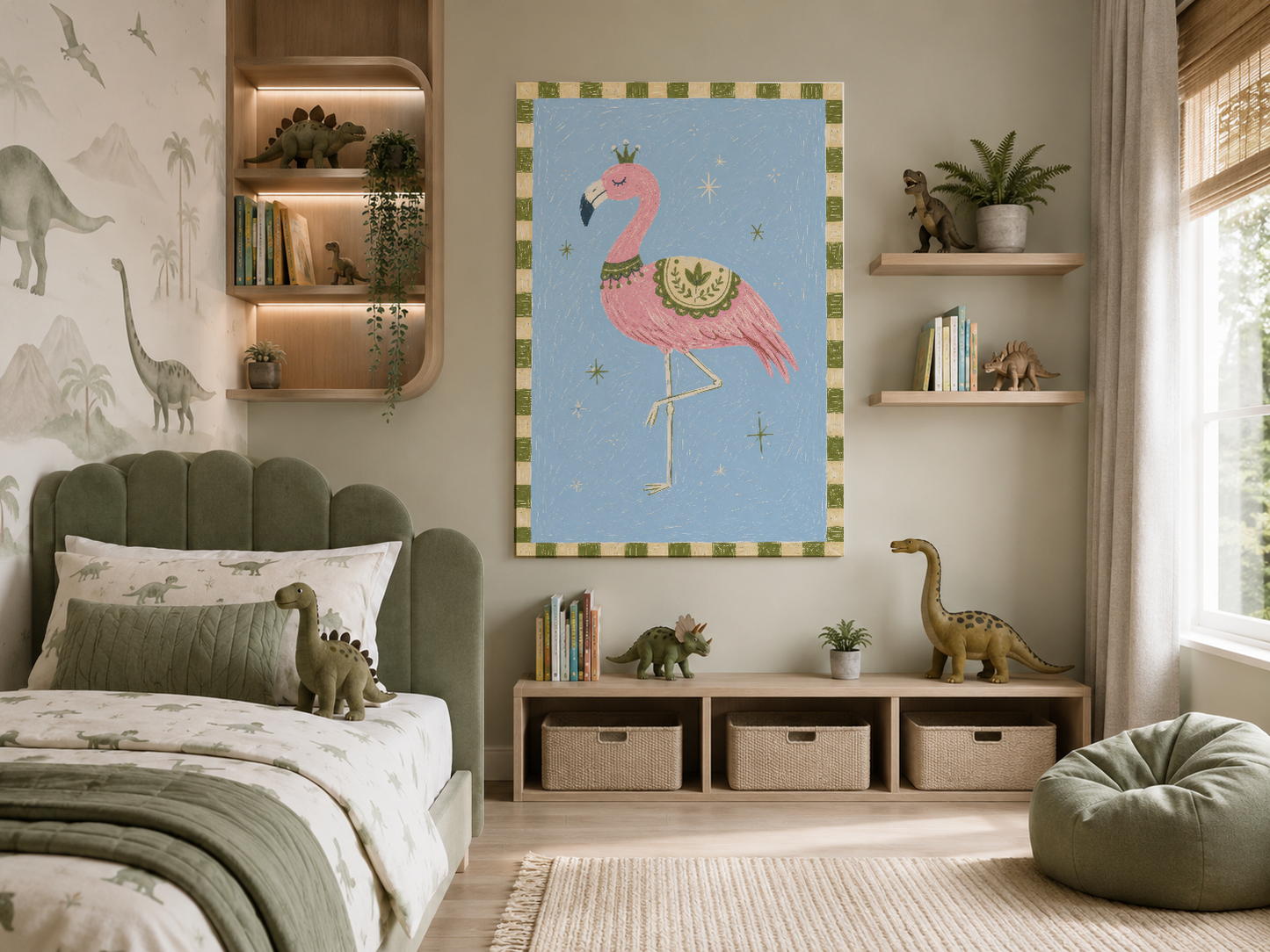 Kırık beyaz duvar üzerinde asılı, çocuk odası için tasarlanmış pembe flamingo portresi sanat baskısı.