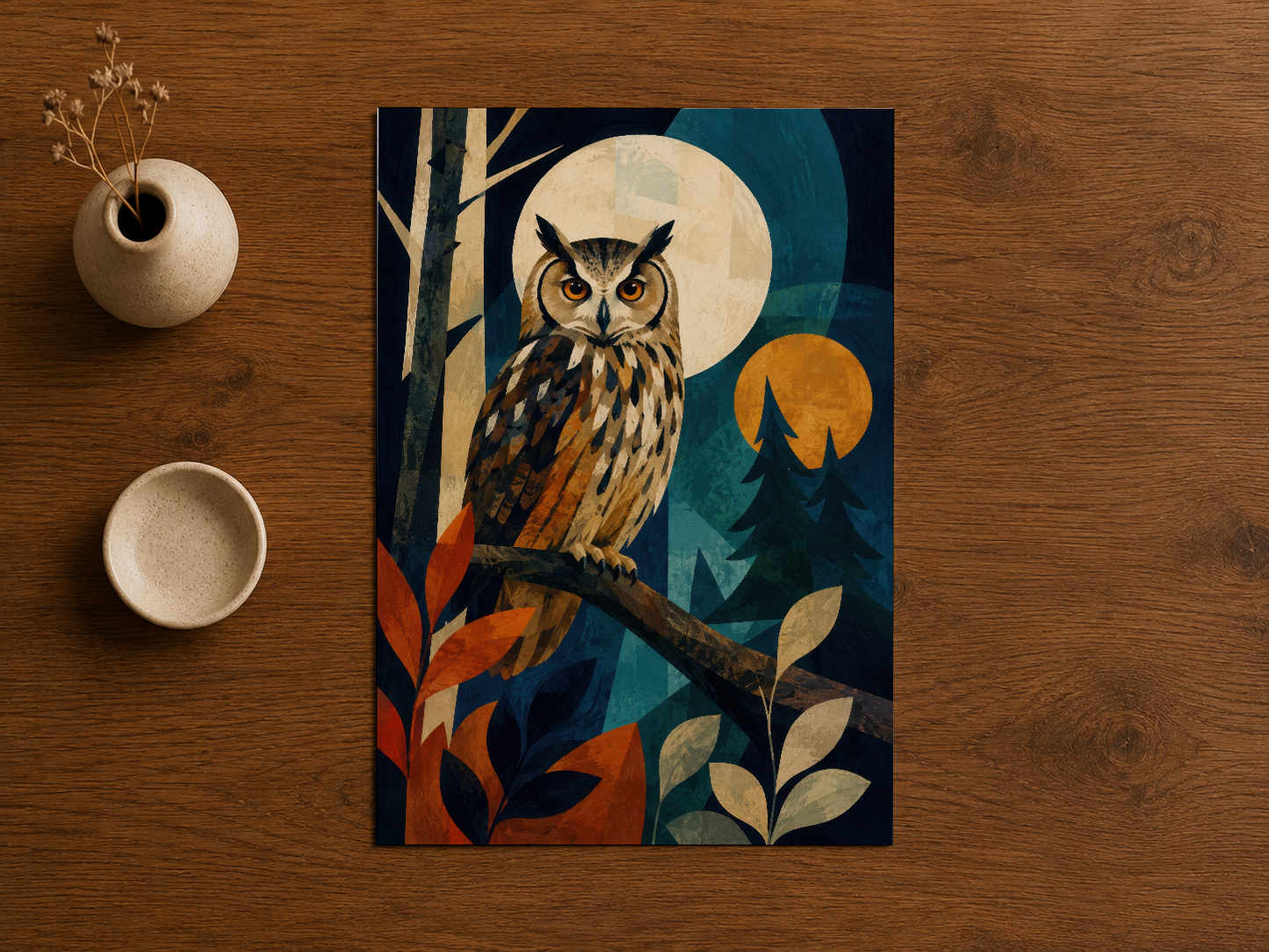 Ay ışığında perched baykuş, yaprak dekorasyonları ve dağ silüetiyle modern sanat stilinde üretilmiş poster.