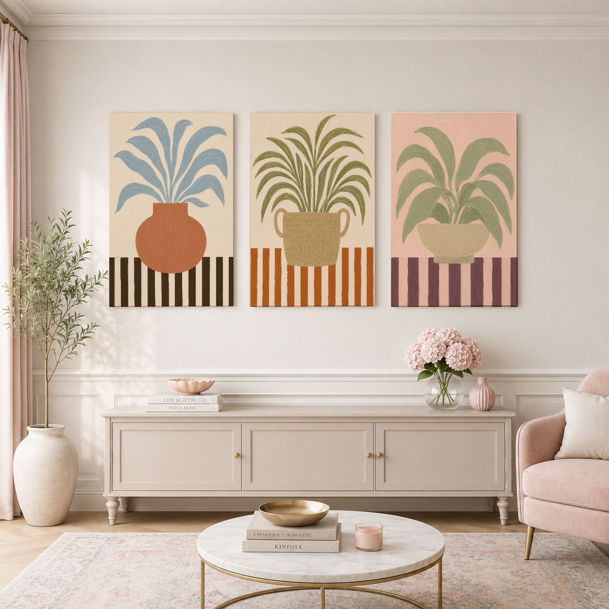 Retro sanat deco tasarımı, üç çerçeveli bitki tablosu oturma odası konsolunun üzerinde.