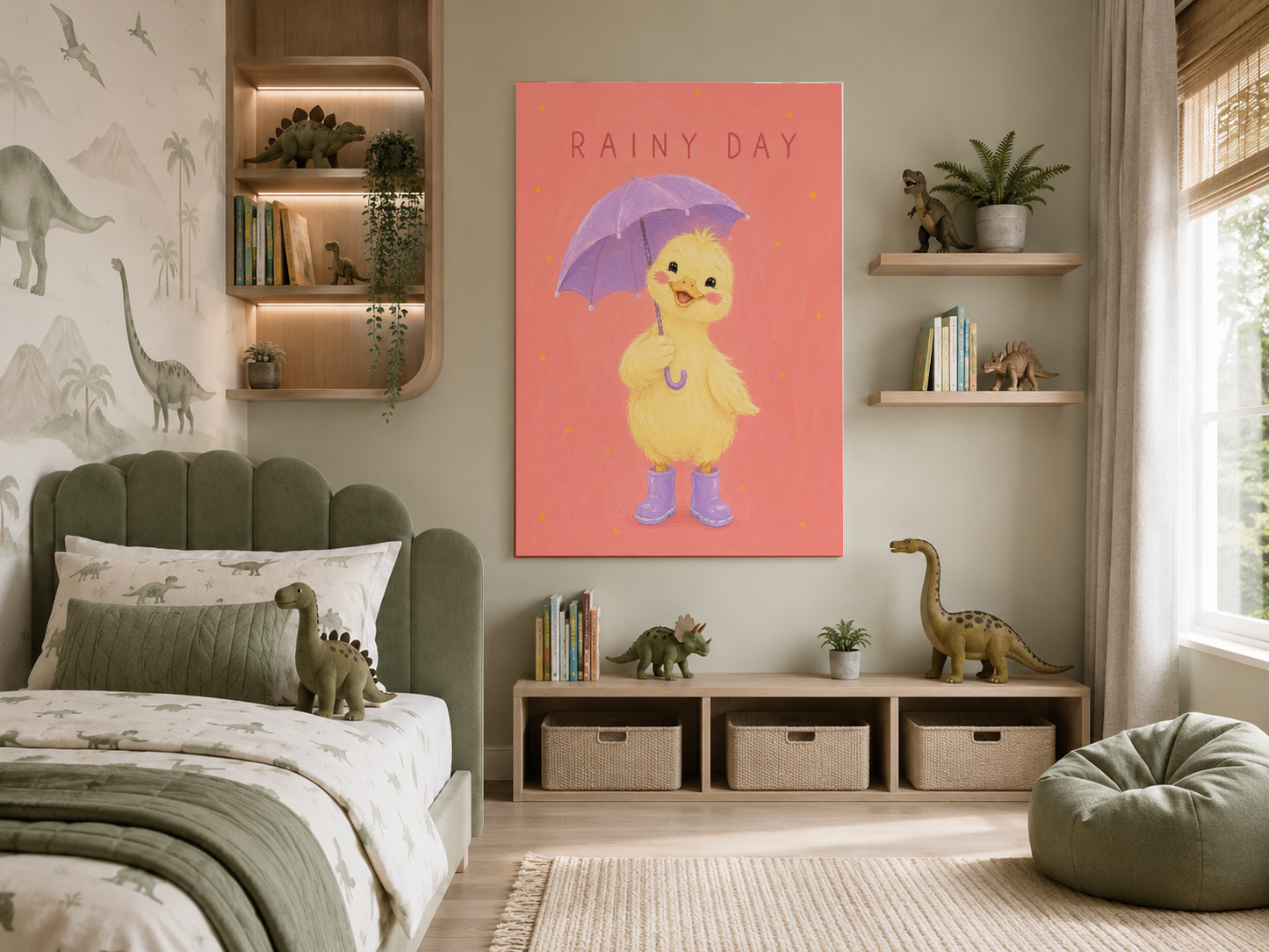 Dinozor temalı çocuk odasında asılan, şemsiyeli ördek tasarımlı pastel pembe poster.
