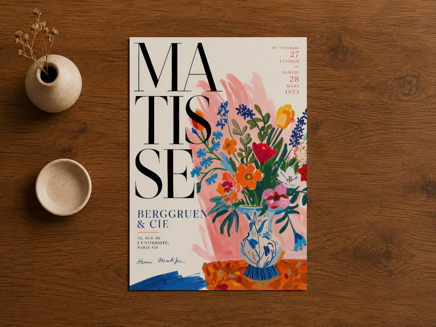 Pembe Mavi Turuncu Matisse Çiçek Vazosu Vintage Poster Duvar Tablosu