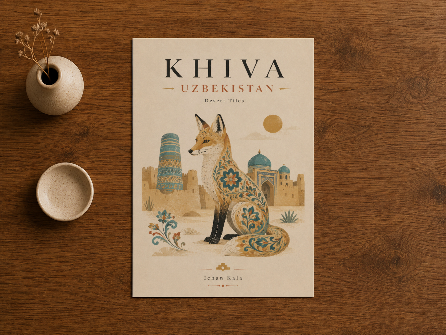 Khiva Özbekistan Desert Tiles posteri, ceviz ahşap zemin üzerinde seramik dekorasyonlarla çevrili sunumu.