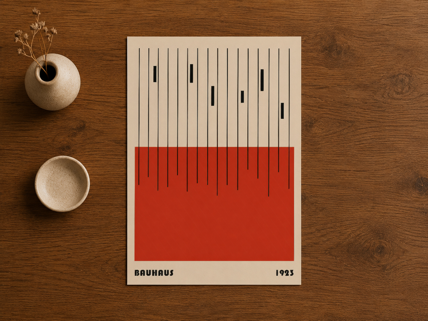 Retro Bauhaus sanat baskısı, klasik krem ve kırmızı renk bloklarıyla minimalista dekor.