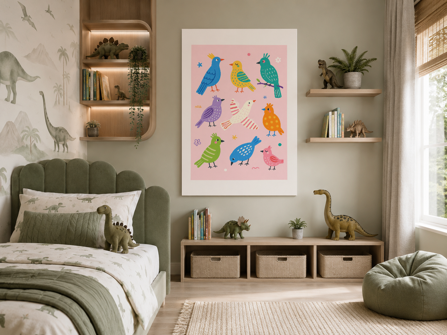 Dinozor temalı yatak odasında pastel pembe kuş baskısı, modern ve doğacı iç tasarımı tamamlıyor.
