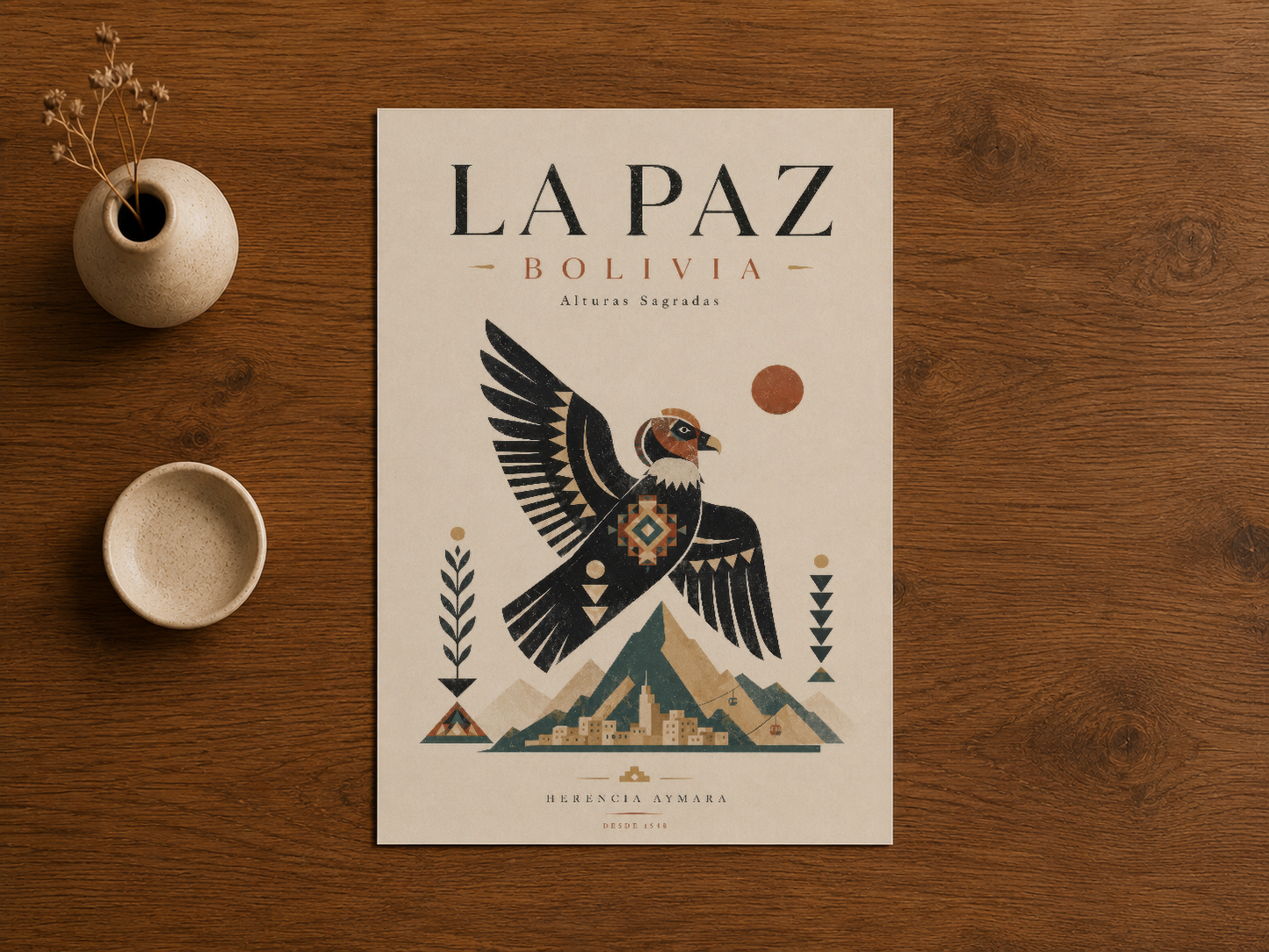 La Paz Bolivia tabelosu, krem zemin üzerine koyu kuş silueti ve altın dağ motifiyle görülüyor.