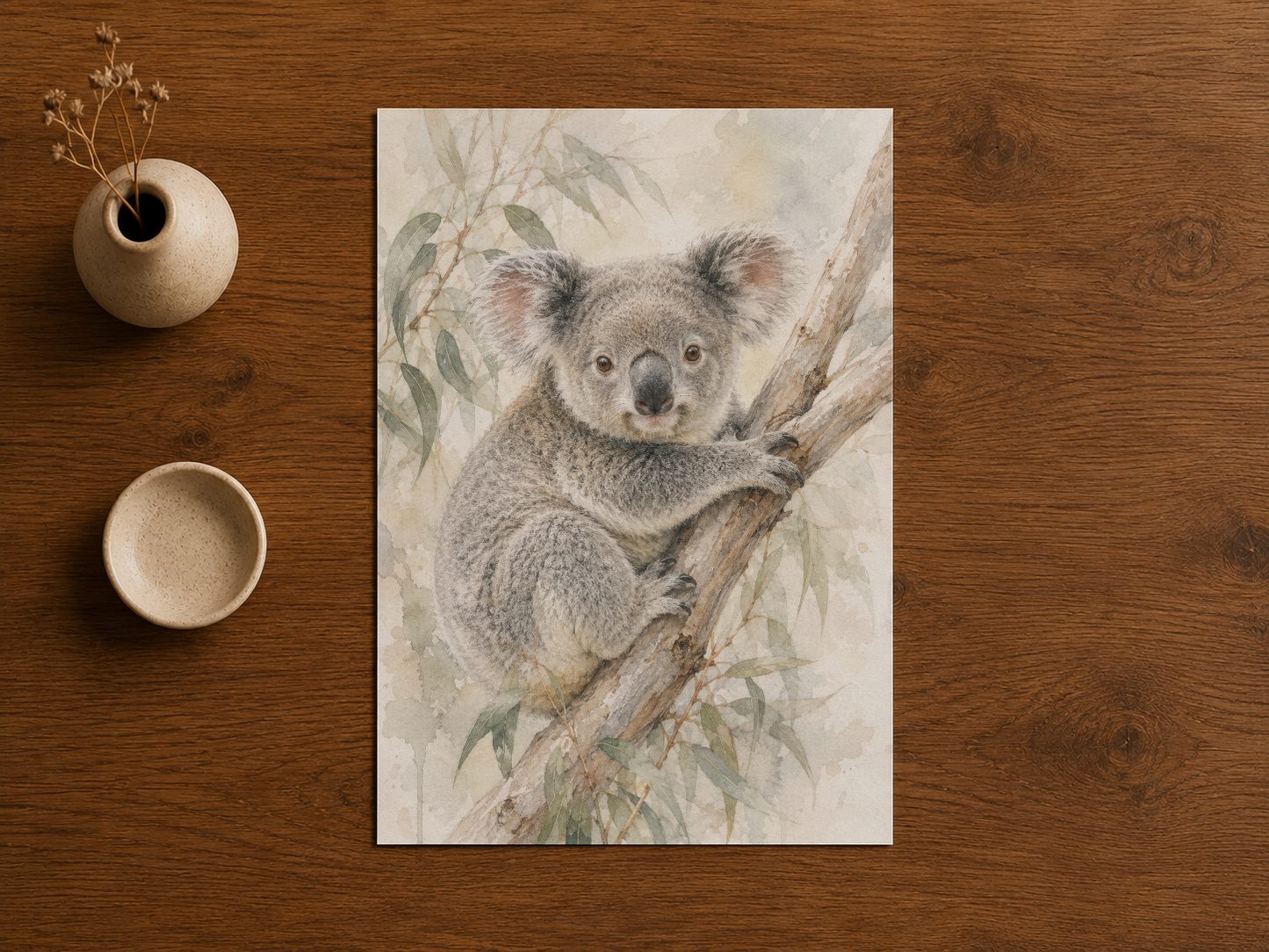 Gözlü dalında oturan koala motifli, sakin ve minimalist tablo dekorasyonu.