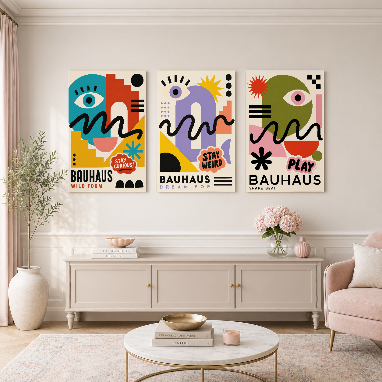Zarif oturma odasında sergilenen üç parçalı Bauhaus poster seti, soyut gözler ve canlı renklerle atmosfer yaratır.