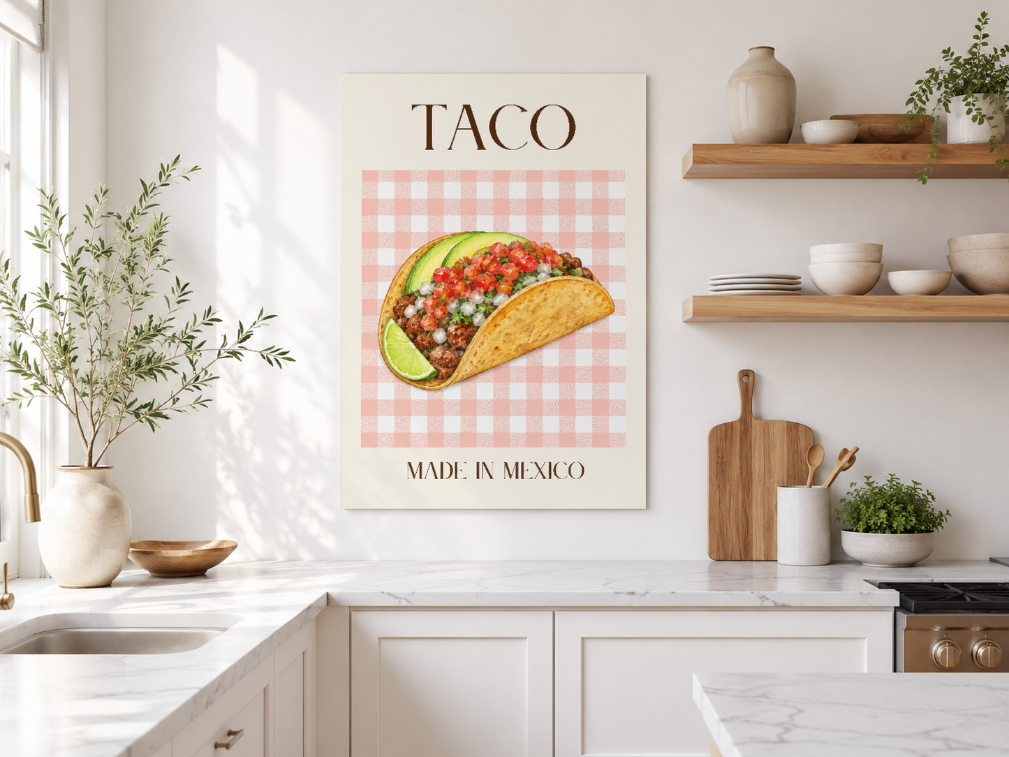 Işık alan mutfakta sergilenen, taco temalı minimal tasarımlı duvar sanatı.
