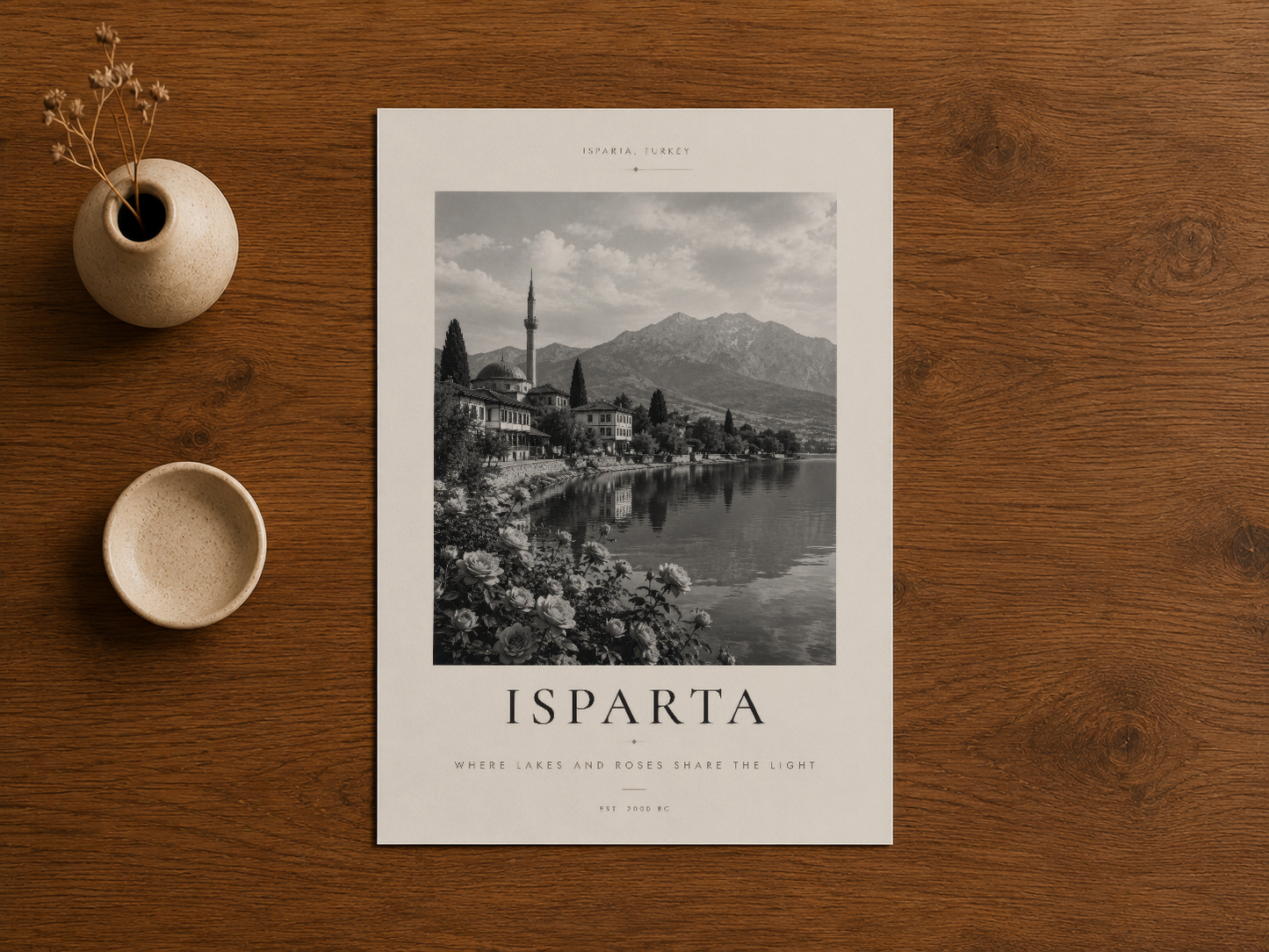Isparta sanat baskısı, doğal ahşap masada, siyah beyaz manzara ve minimalist tasarım.