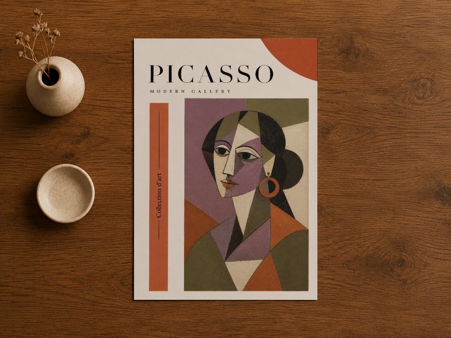 Picasso Modern Gallery sanat posteri, rustik ahşap zeminde erdoğan tonlarında stilize portre karakteri sunuyor.