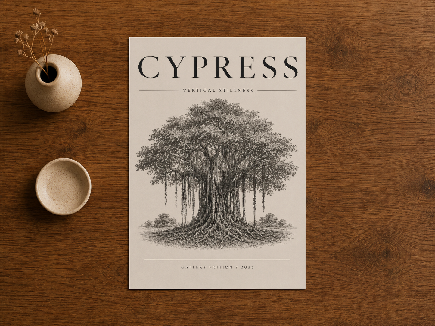 Ahşap masa üzerinde konumlandırılmış Cypress poster, minimalist masaüstü dekorasyonuyla birlikte sergilenen baskı örneği.