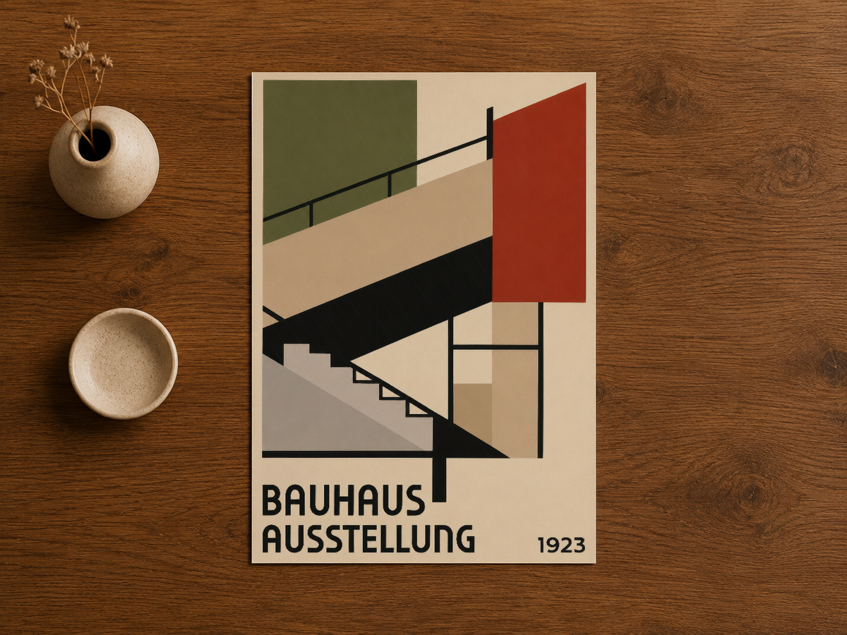 Bauhaus Ausstellung 1923 posteri, ahşap arka plan üzerinde sade çerçeve ile modernist mimarinin soyut geometrisi vurgulayan