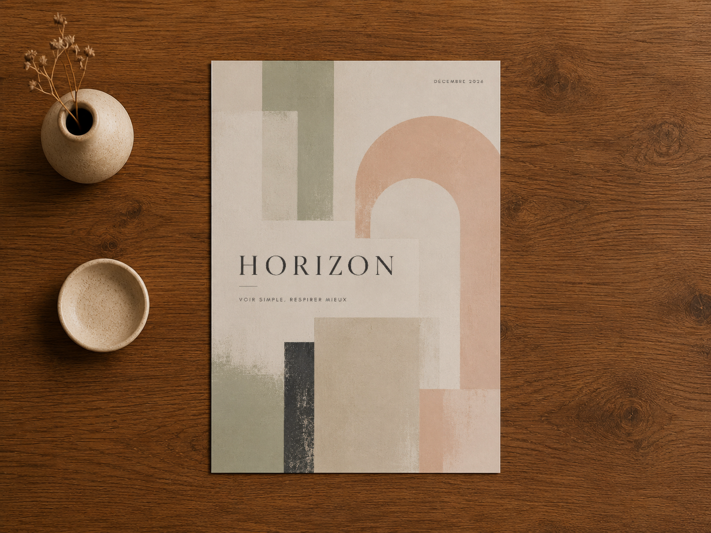 Horizon sanat baskısı, ahşap arka plan üzerinde şık geometrik tasarım ve nötral tonları sergiliyor.