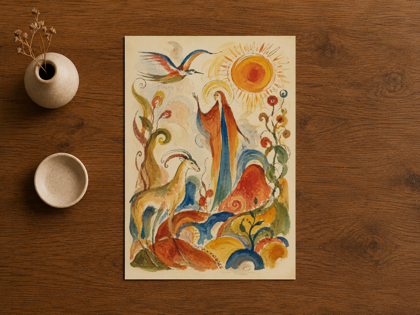 Çok renkli dekoratif poster, antika sanat eseri görünümünde kuş ve bitki motifleriyle.