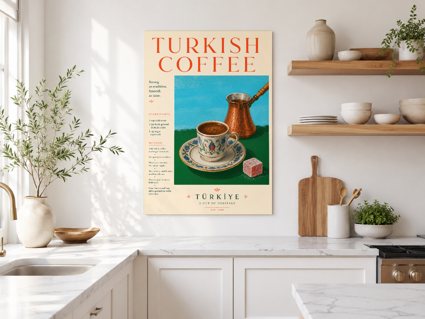 Krem Turkuaz Türk Kahvesi Vintage Afiş Duvar Tablosu