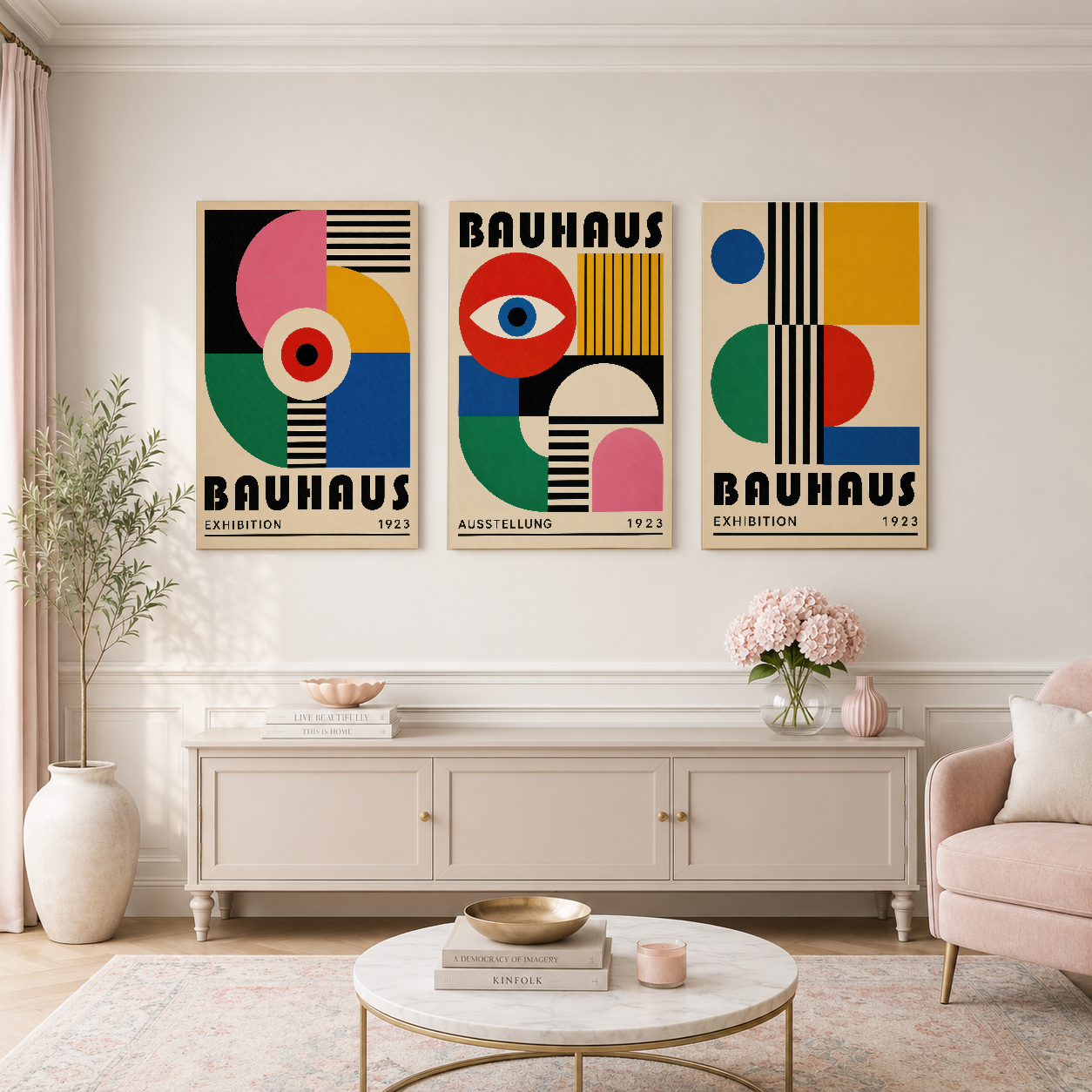 Klasik oturma odası tasarımında, Bauhaus sergisi 1923 posteri setinin zamansız estetik etkisi.