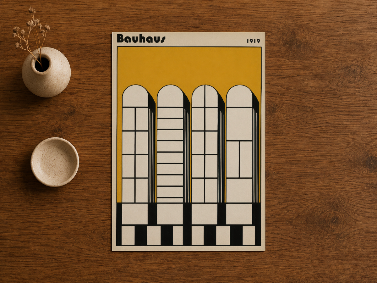 Geometrik pencere formuyla Bauhaus dönemini temsil eden sarı başlıklı tasarım duvar tablosu.