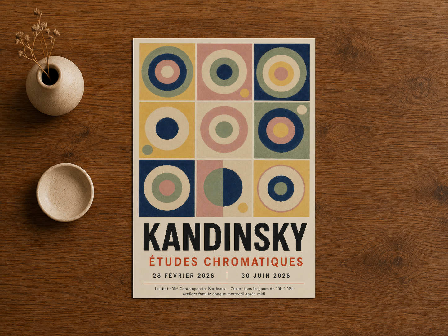 Kandinsky geometrik daire deseni posteri, ahşap masa üzerinde beyaz çerçevede sergileniyor.