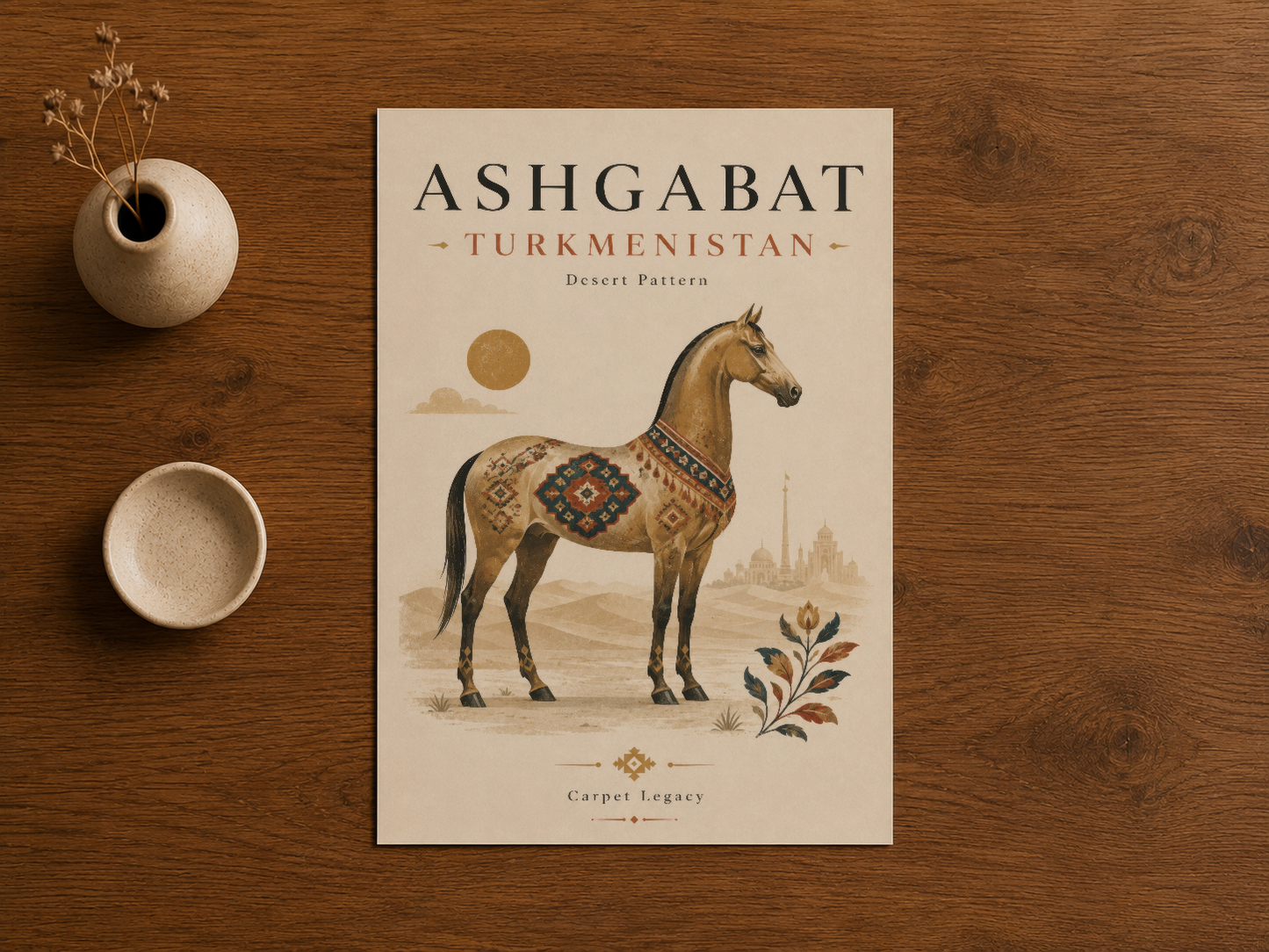 Ashgabat Turkmenistan baskısı, etnografik at deseni, ahşap masa üzerinde sergilenen orijinal görünüm.