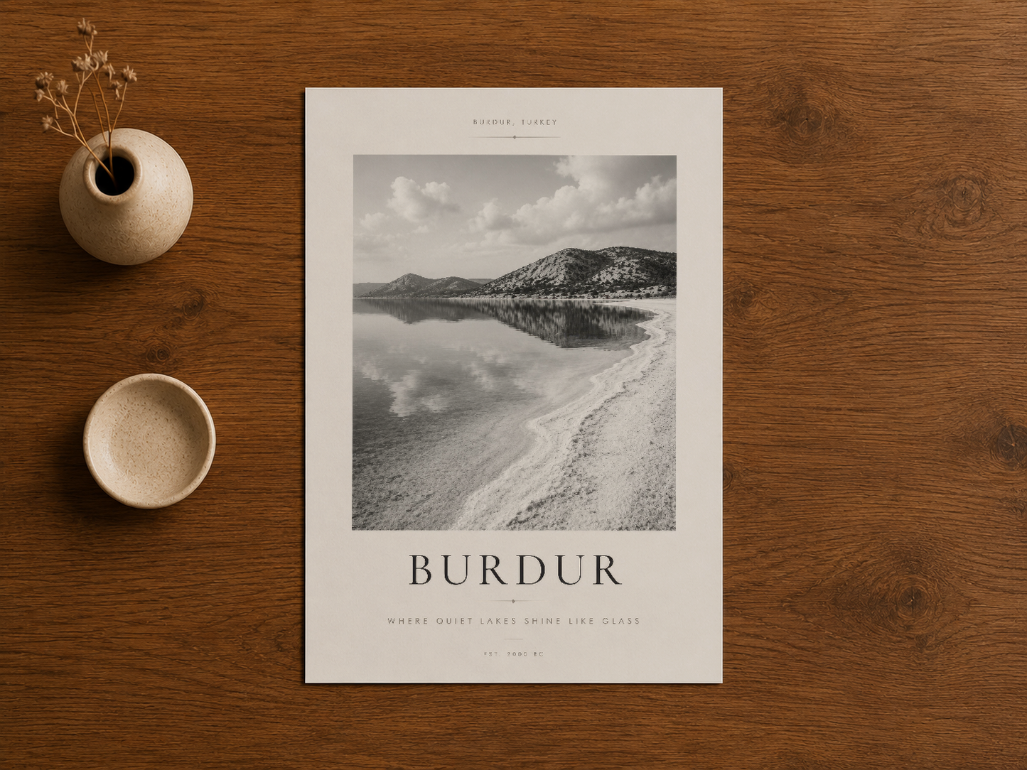 Burdur isimli siyah beyaz poster, doğal ahşap detayları ve yapılandırılmış boşluklarla zengin bir görünüm sunuyor.
