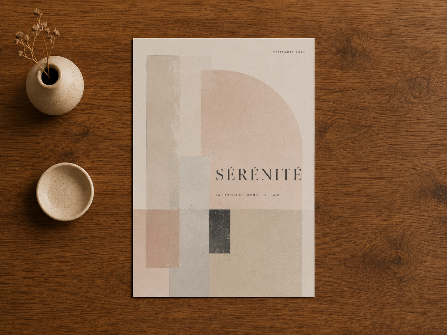 Sérénité posteri, ahşap masa üzerinde, minimalist tasarım ve sakin renk paletine sahip dekoratif baskı.