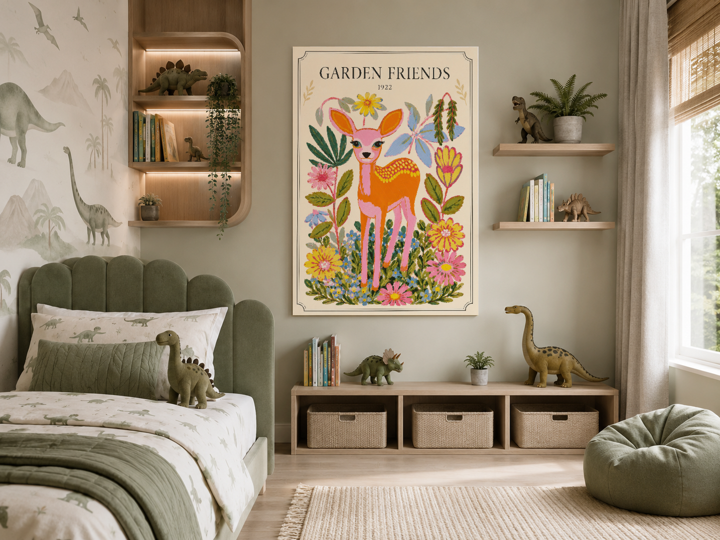 Yeşil başlıklı yatağın üstünde Garden Friends posteri, sakinleştirici renkleriyle oda tasarımını tamamlıyor.