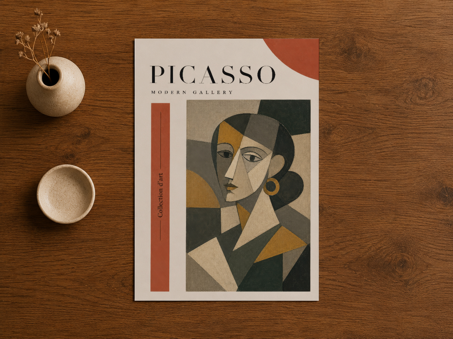 Picasso Modern Gallery poster, ahşap masa üzerinde sergilenen, çok renkli kübist stilinde kadın yüzü ve şerit motifleriyle