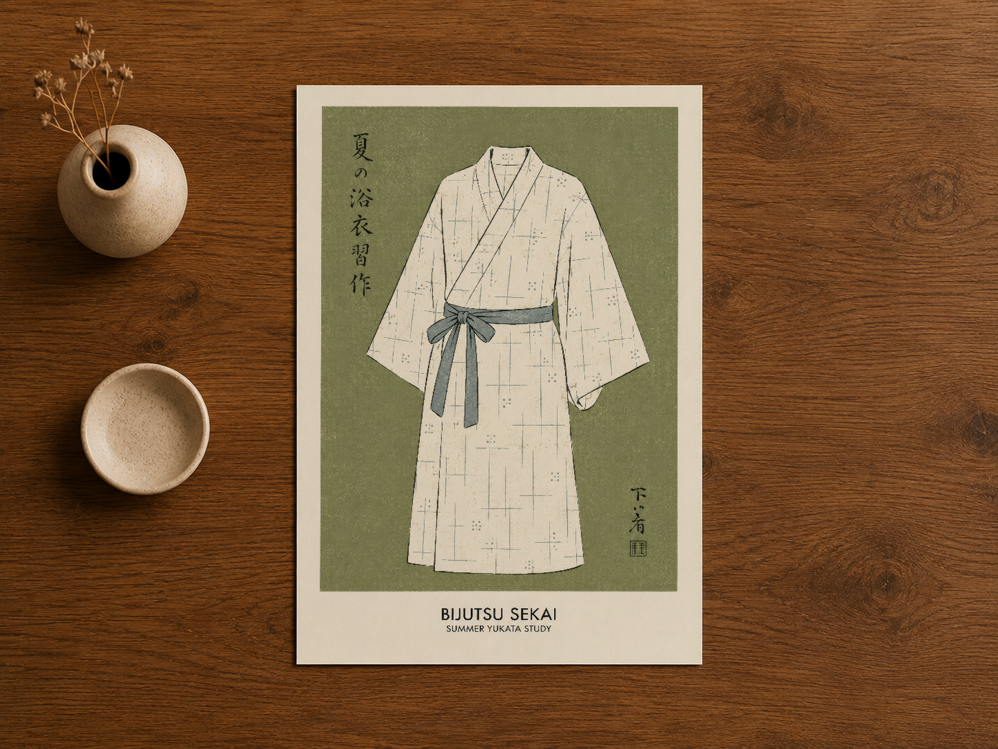 Ahşap masa üzerinde seramik aksesuarlarla birlikte, Bijutsu Sekai yukata sanat baskısı sergilenmiş.