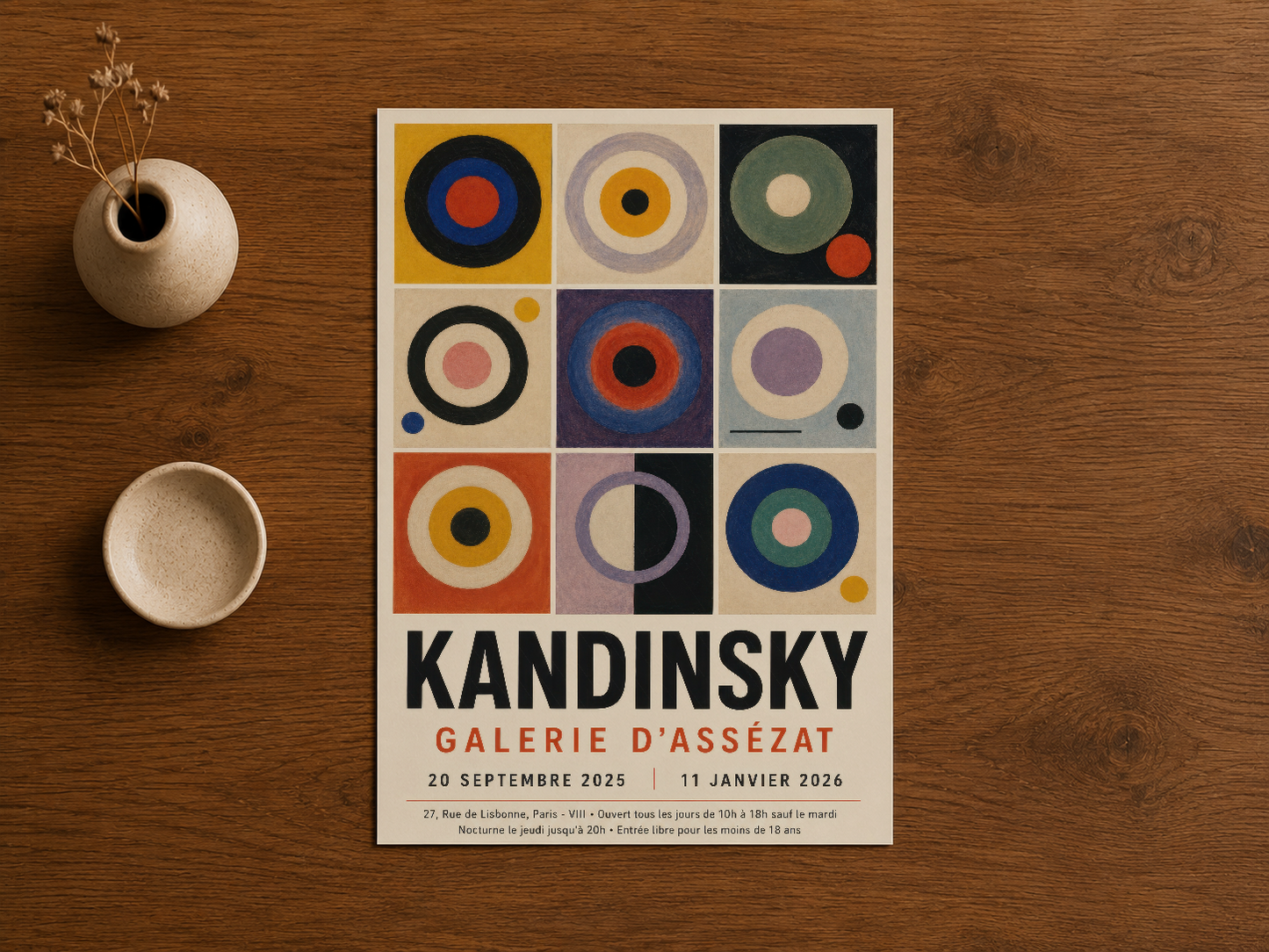 Kandinsky sergisinin ikonik duvar tablosu, ahşap yüzeyde doğal dekorasyonla beraber sunulan galeri posteri.
