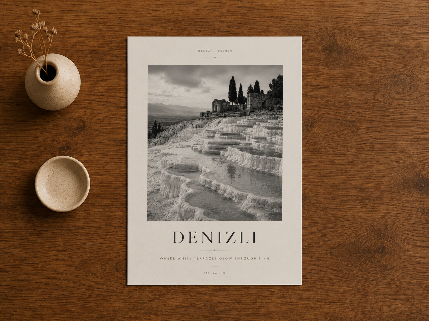 Travertin teraslarının başyapıtı Denizli posteri, ışık ve gölgeleriyle poetik bir atmosfer yarıyor.