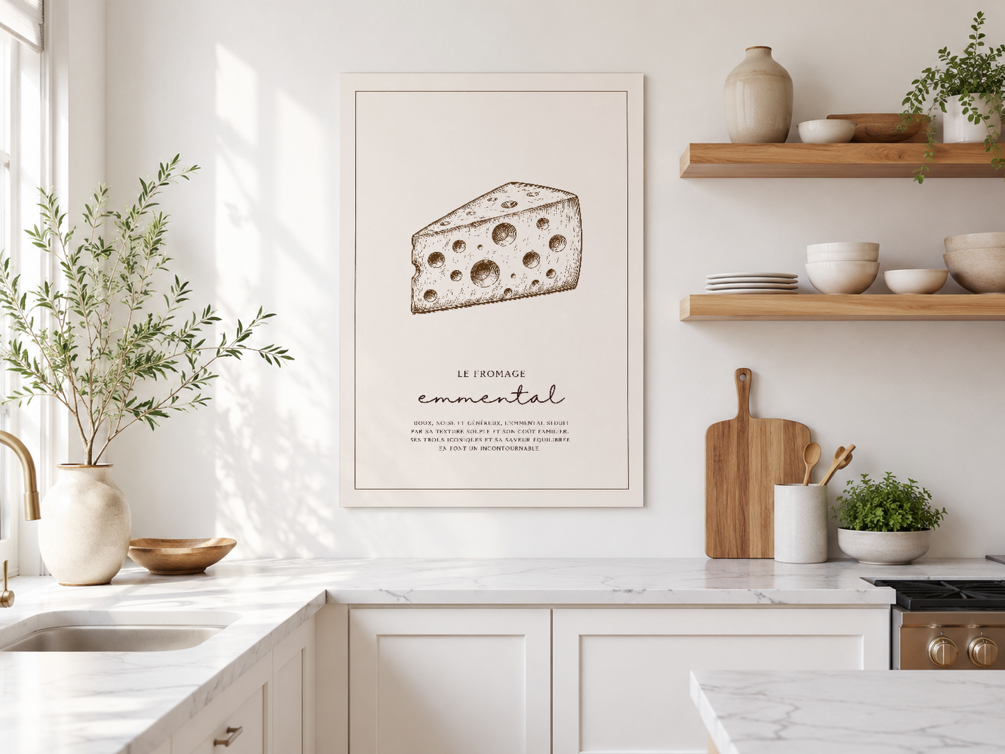 Doğal ışın alan minimalist mutfakada, çizim tarzı peynir görselli sanat baskısı.