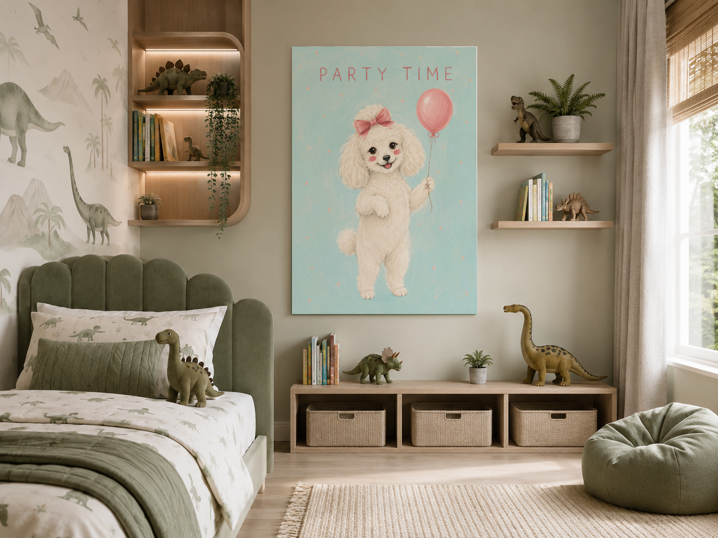 Pembe fiyonklu pudl köpeği ve balon tasarımlı Party Time sanat eseri, tema odası dekorasyonunda.