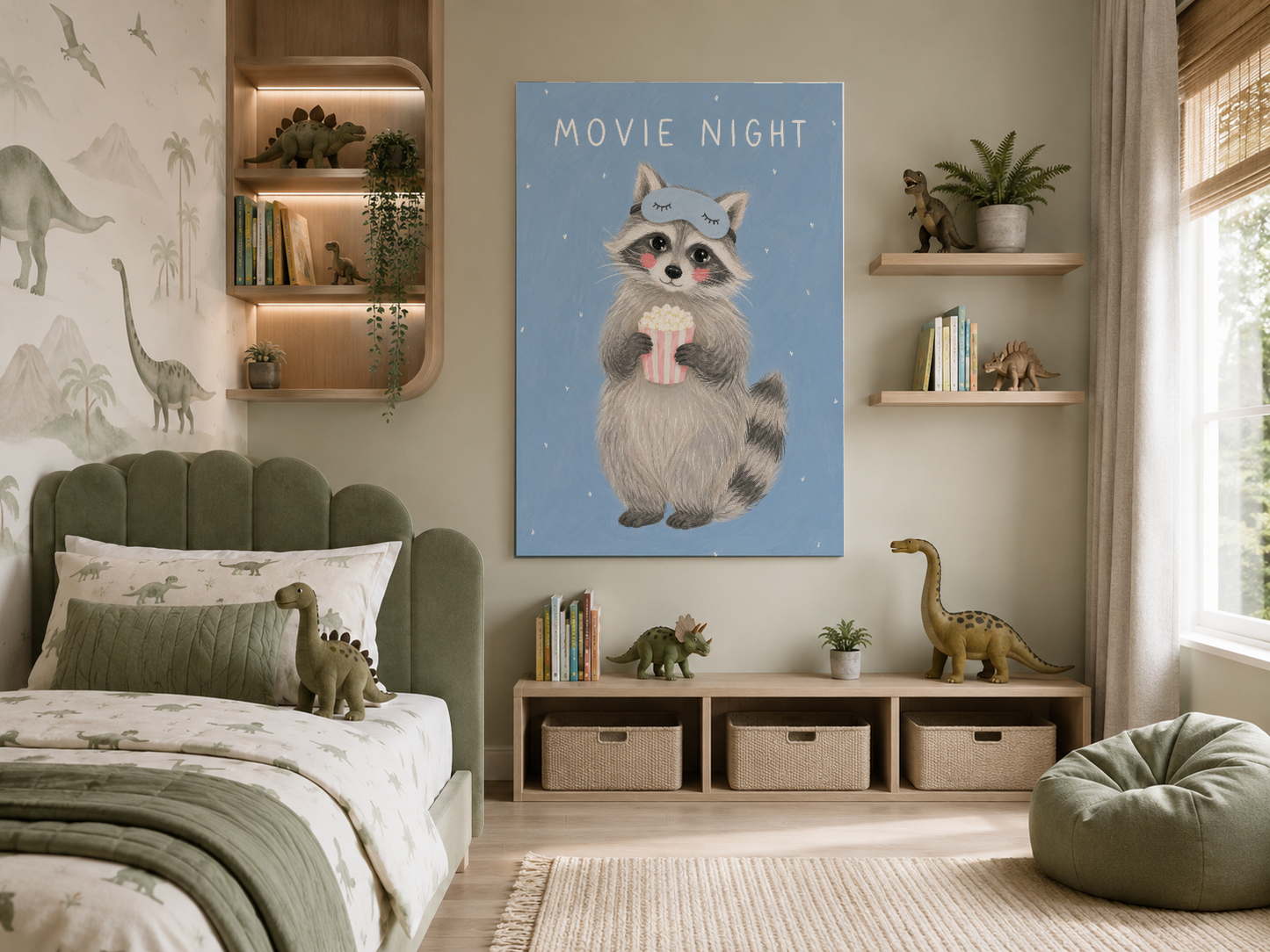 Popcorn tutan rakun tasarımlı Movie Night posteri, dinozor temalı çocuk odasında.