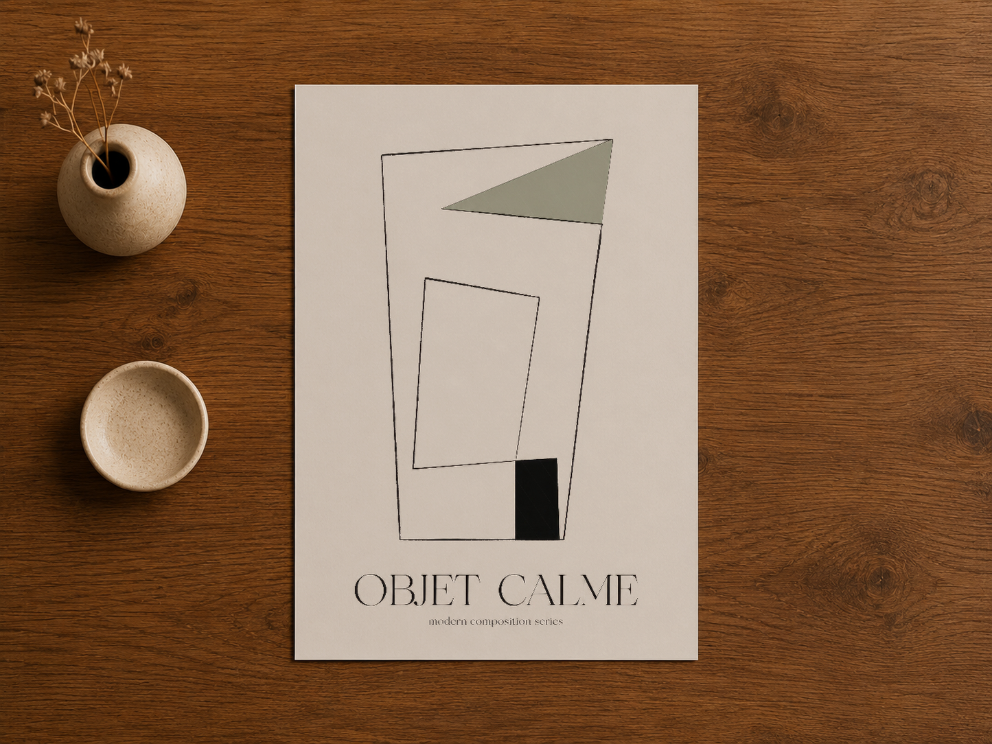 Objet Calme sanat baskısı, ahşap yüzeyde, modern komposisyon serisinin bir örneği.