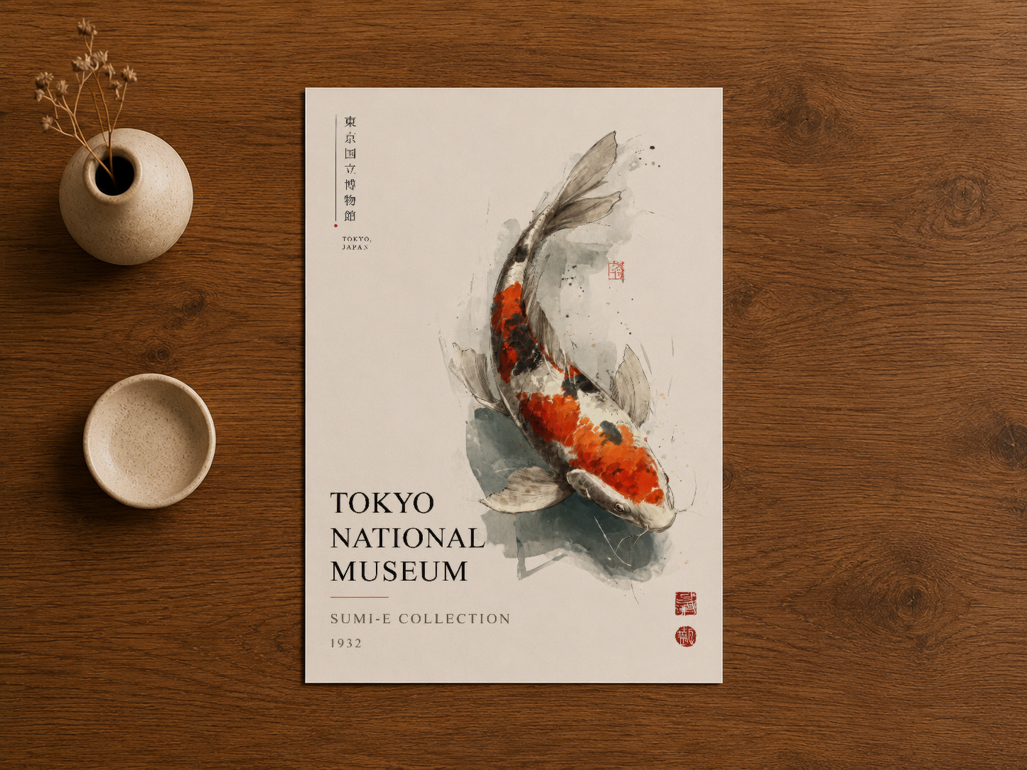1932 Tokyo National Museum Sumi-e eseri, naranja-gri renk harmoniyle çizilen zarif koi balığı tasvirinin duvar sanat tablosu.