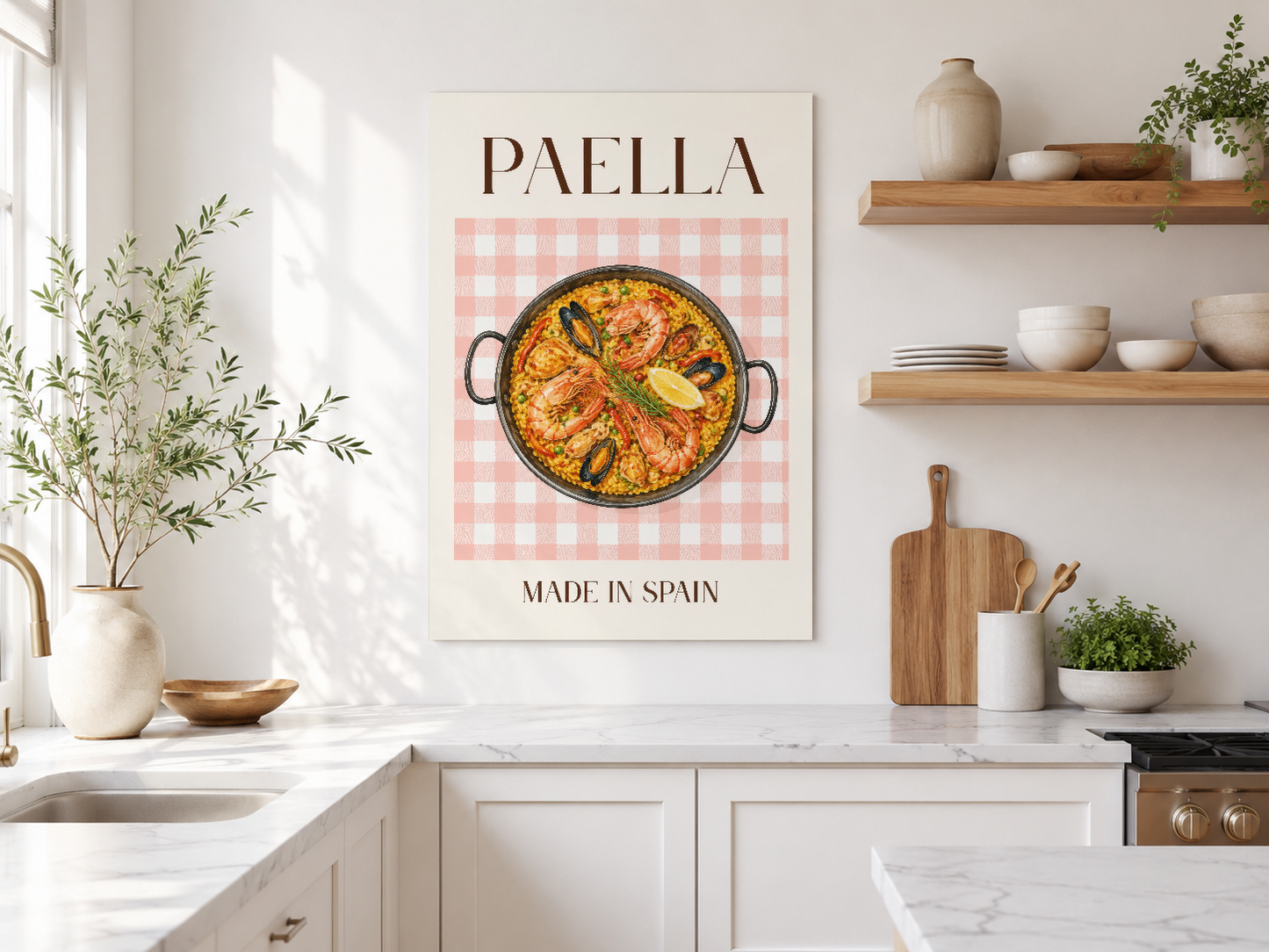 Paella duvar sanatı, çevre dostu çerçeveli, ışıltan mutfak dekoru, modern ve geleneksel tarzları harmoniyle birleştiriyor.