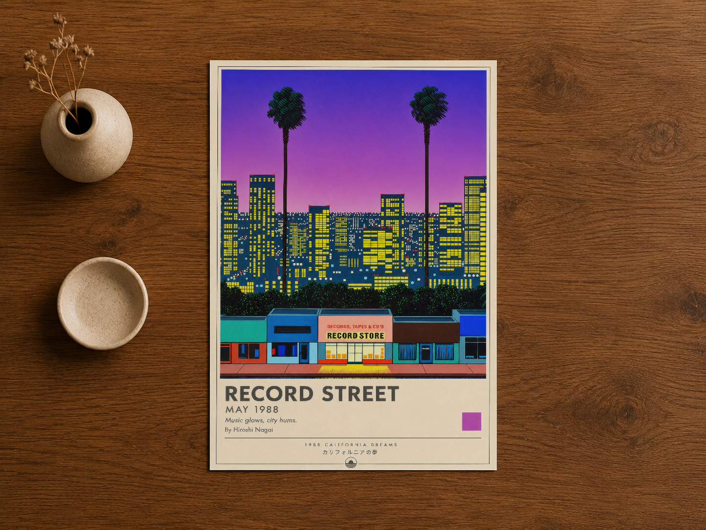 1988 tarihli Record Street tablosu, canlı tipografi ve retro pop art stilinde oluşturulmuş duvar sanatı.