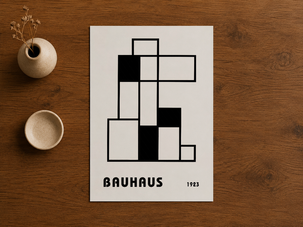Bauhaus sanat baskısı, 1923 geometrik karelerin simetrik tasarımı, minimalist duvar tablosu.