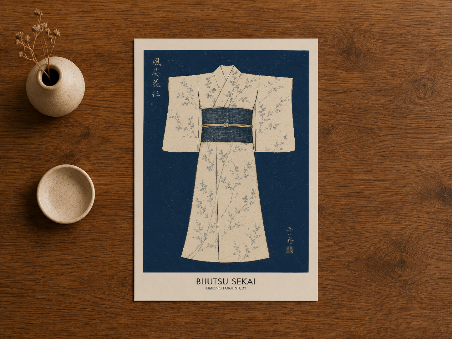 Krem arka planda lacivert baskılı kimono tablosu, doğal seramik dekorasyonlar yanında sergilenen sanat eseri.