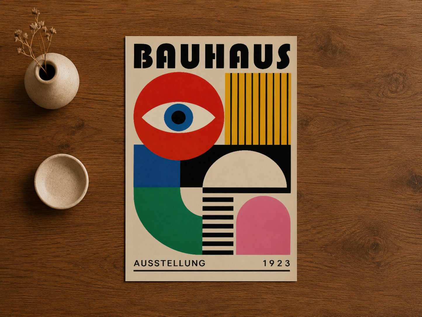 Bauhaus 1923 sergisi afişi, ahşap arka fonda, vintage tipografisi ve modernist sanat hareketinin efsanevi tasarımı.
