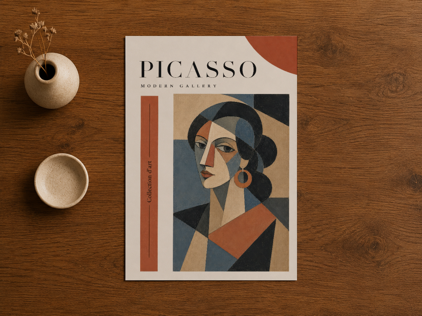 Picasso modern sanat posteri, geometrik stil; ahşap masada seramik aksesuarlarla stillendirilmiş.