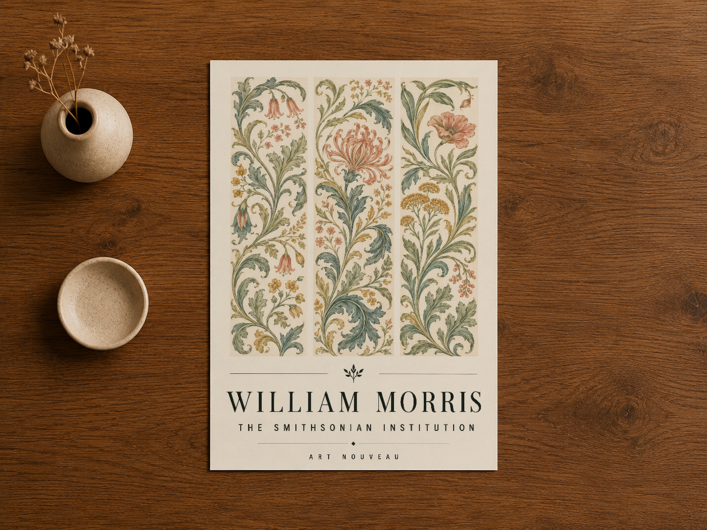 William Morris botanik deseni sanat baskısı, ahşap zemin üstünde seramik vazolarla stillendirilmiş.