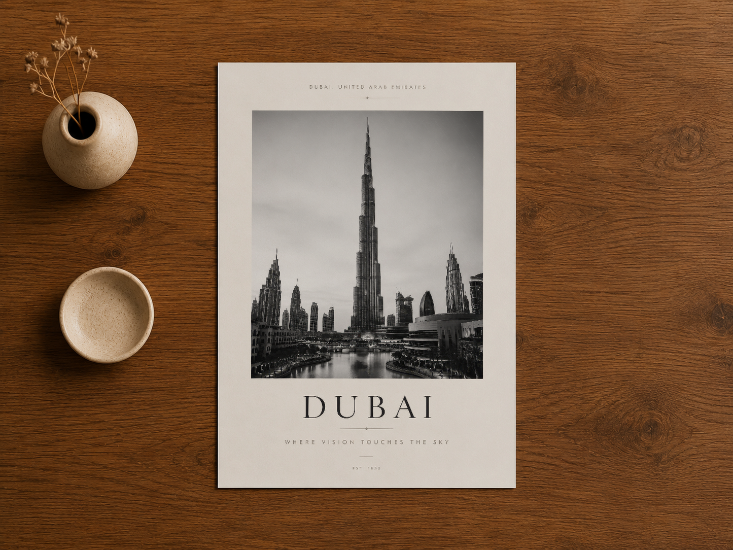 Dubai şehrinin ikonik mimarisini siyah-beyaz olarak gösteren duvar posteri, ahşap zemin üstünde.