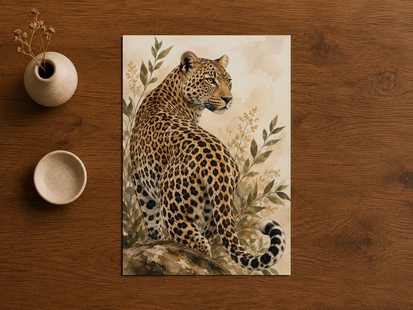 Ahşap masa üstünde, yaprakalı botanik motifli leopar sanat tablosu detaylı görüntüsü.